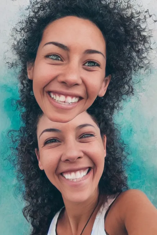 Image similar to a smiling women taking a zoomed out selfie, hyper realistic photography, highly detailed, sharp focus, good vibes, realistic, highly detailed attribute, award winning, art by portrait realistic illustrators