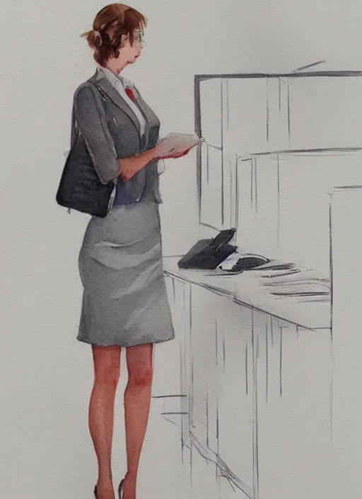 Image similar to concept art of a modern office life, young attractive business woman, pencil miniskirt, pinterest, artstation trending, behance, watercolor, by coby whitmore, silver, laser light,