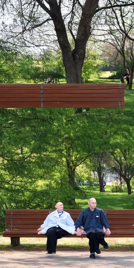 Prompt: In the park, bald old people in hospital gowns and bald children sitting on benches .