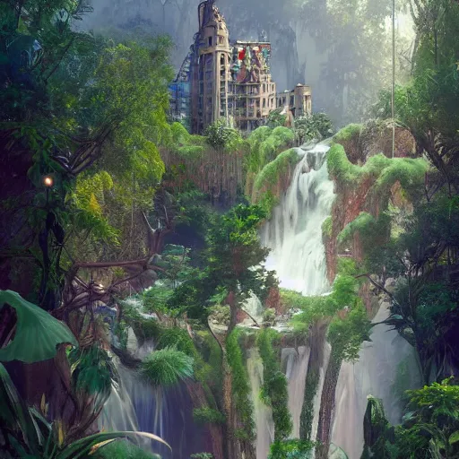 Image similar to waterfall overgrowth city nature photography art nouveau 8 k by antoni gaudi, greg rutkowski, evgeny lushpin