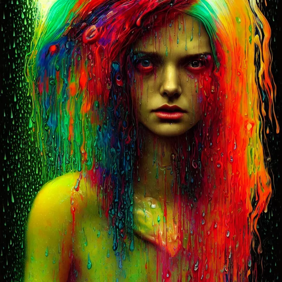 Image similar to bright asthetic portrait of LSD in rain with wet hair and face, liquid, fantasy, intricate, elegant, dramatic lighting, highly detailed, lifelike, photorealistic, digital painting, artstation, illustration, concept art, smooth, sharp focus, art by John Collier and Albert Aublet and Krenz Cushart and Artem Demura and Alphonse Mucha