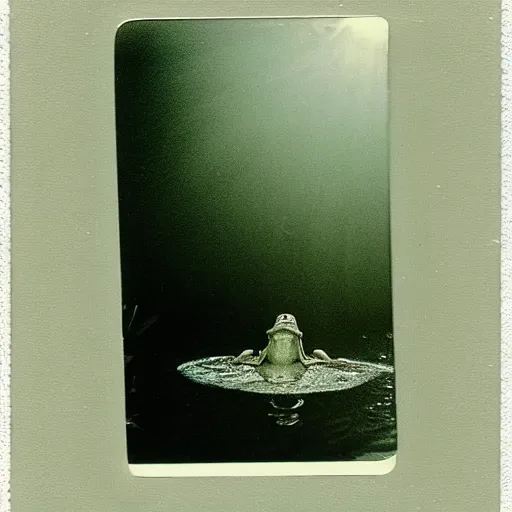 Image similar to semitranslucent smiling frog amphibian floating over misty lake in Jesus Christ pose, polaroid shot by Andrei Tarkovsky, paranormal, spiritual, mystical