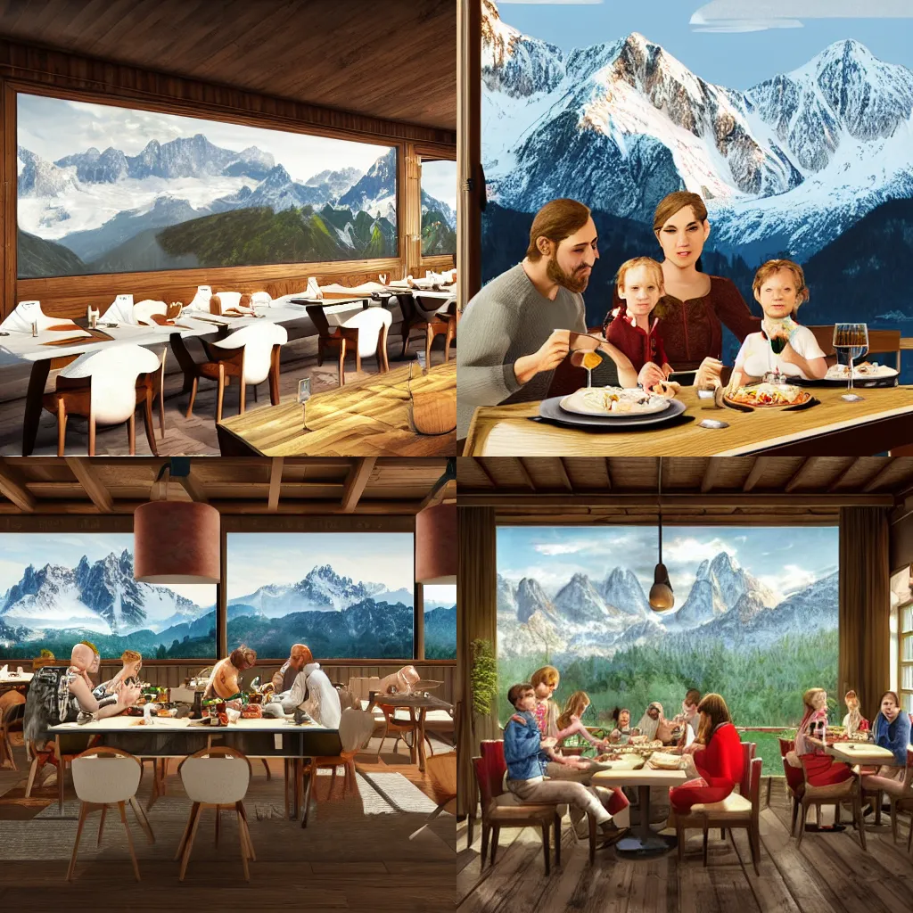 Prompt: a family dining in a restaurant in Austria, with Alps in the background, digital art, trending on artstation, highly detailed, ultra realistic,