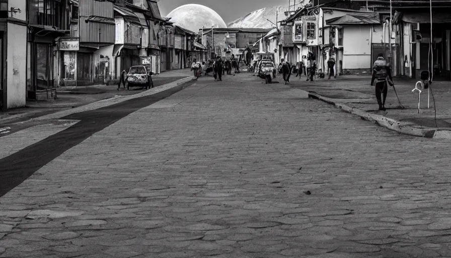 Prompt: moonwalker photo, lunar busy street, city street on the moon, a detailed photo of a future norilsk street base, sci fi, street moon landscape, 8 k