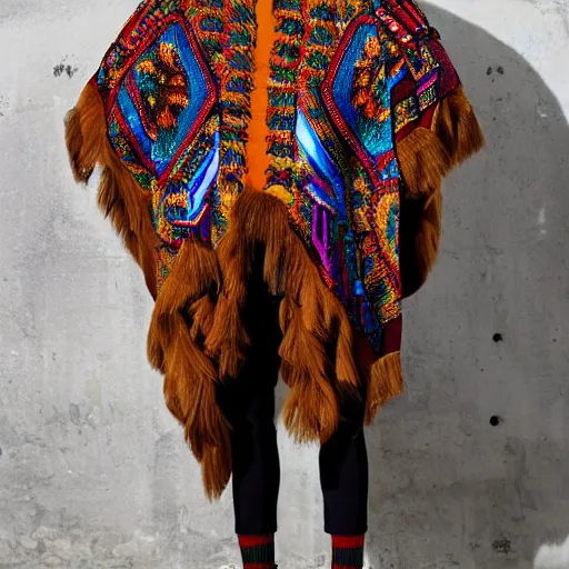 Prompt: hispanic brown skin wearing gucci colorful intense intricate textile chiton himation cloak tunic detailed streetwear cyberpunk modern fashion