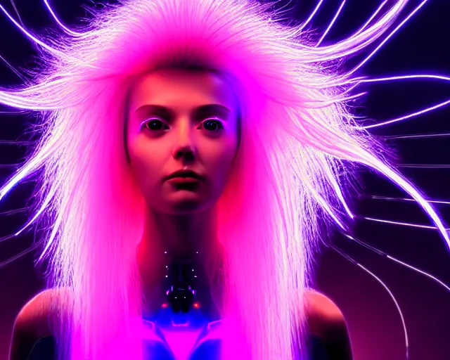 Image similar to glowing hair, complex cybernetic beings, beautiful hairy humanoids, cybermagnetosphere, cybernetic civilizations, ornate hair, love, joy, vortexes, large arrays, data holograms, 8 k, cinematic light shadows, wet hdr refractions, *, * * *, * * * * *