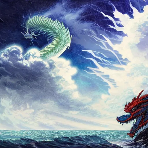 Image similar to Japanese poster art of a Asian dragon in front of the sea during a storm by Cushart Krenz and Tomino Yoshiyuki, cliffs, clouds, thunder, 4k, HDR, colourful