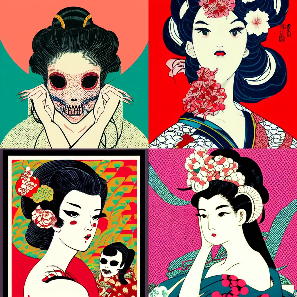 Prompt: beautiful vogue geisha by hokusai, hikari shimoda, shinsui ito, classic shoujo, in the style of 6 0's pop art, fantastic planet, risograph, minimalist poster art, screen print texture, gothic, retrofuturism, rocco, icon, skull