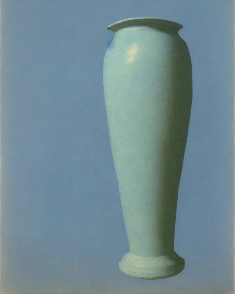 Prompt: achingly beautiful print of solitary painted ancient greek amphora on baby blue background by rene magritte, monet, and turner. sculpted.