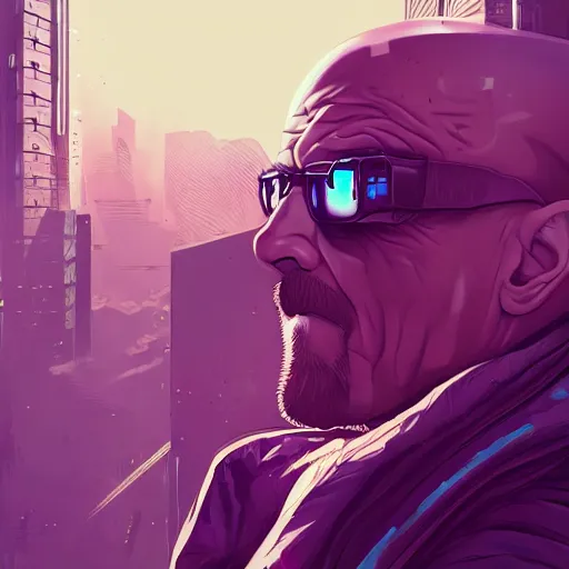 Prompt: high quality, walter white, portrait, cyberpunk colors, neotrad, lois van baarle, moebius, league of legend, arcane style