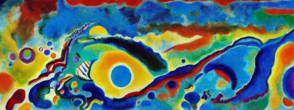 Prompt: Psychedelic sci-fi dreamworld. Landscape painting. Organic. Winding rushing water. Waves. Clouds. Wayne Thiebaud. Kandinsky.