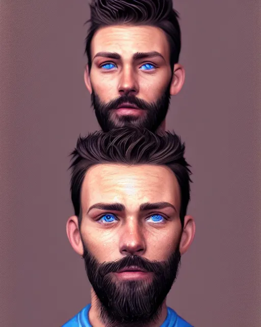 Image similar to portrait of a man in his mid - twenties with blue eyes, short dark blond hair, short beard, ultra realistic, epic, highly detailed, hd, sharp focus, cinematic lighting, realistic, dreamy, vivid colors, dreary, morose, matt painting, digital art, non blurry, sharp, artstation, concept art, smooth, illustration