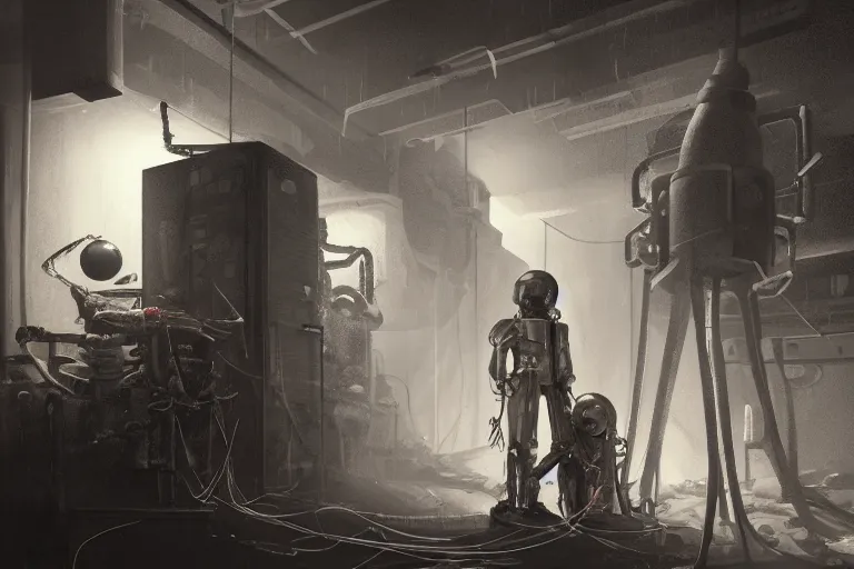 Image similar to eddie mendoza blender gloomy colossal ruined server room in datacenter robot figure automata headless drone robot knight welder posing pacing fixing soldering mono sharp focus, emitting diodes, smoke, artillery, sparks, racks, system unit, motherboard, by rutkowski artstation hyperrealism cinematic dramatic painting concept art of detailed character design matte painting