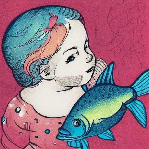 Image similar to the same style. the most beautiful little fat sweet girl is kissing a huge colorful cute fish. modern etching. colored print. hype realistic scene.