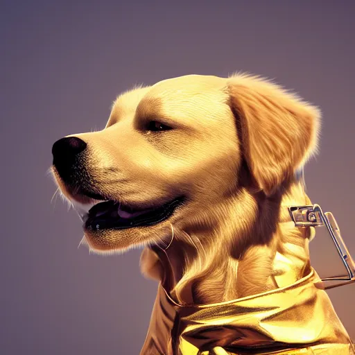 Image similar to golden retriever in hazmat suit, 8 k, cinematic, ultra realistic