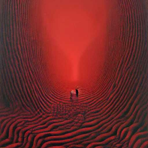 Image similar to a warped tunnel of irregular red and black checkerboard pattern drowns out a desperate voice by Zdzisław Beksiński