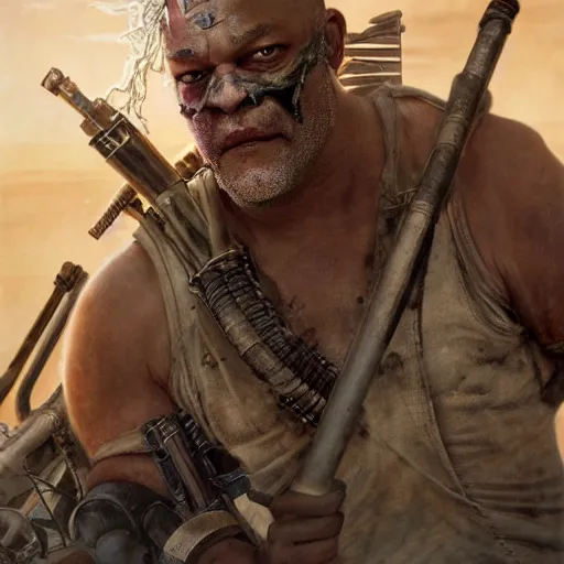 Image similar to Epic Masterpiece action shot of Lawrence Fishburne as Immortan Joe in Mad Max: Fury road (2015), drawn by Donato Giancola and Tom Bagshaw, Edmund Leighton, Alphonse Mucha, 4k, volumetric lighting, komorebi, trending on artstation, octane render, hyperrealistic