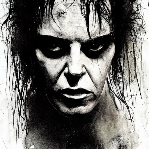 Image similar to gaunt ( the cure fan ) as dream from sandman, dim stars as eyes, by jeremy mann, by cedric peyravernay, by ben templesmith, by dave mckean and richard avedon, dramatic lightning, sadness, dark eye sockets, in the shadows, punk rock, gothic, high detailed, 8 k