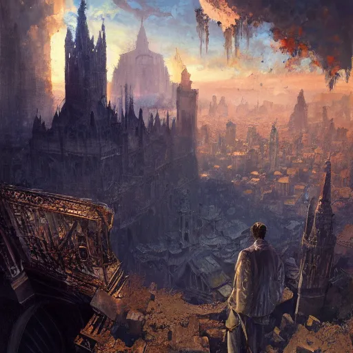 Prompt: Oil painting of a man overlooking town ruins, ashes, burning cathedral, D&D, Magic The Gathering, by Craig Mullins, intricate details, light rays from the surface, Nekro, Victo Ngai, centered, symmetrical, volumetric lighting