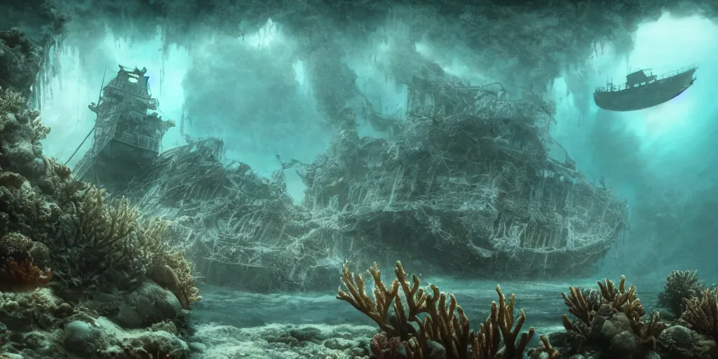 Image similar to a underwater ship ruins covered by corals, godrays, epic image, path traced, shipwreck, hyperrealistic, concept art, octane render, unreal engine 5, some fish, centered, symmetrical, low contrast, cinematic, soft lighting, high coherence, digital painting, masterpiece, digital art, serene scenery, old, elegant