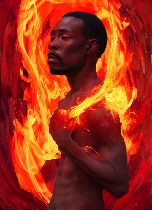 Image similar to portrait of african man, fire, red aura in motion, floating pieces, painted art by tsuyoshi nagano, greg rutkowski, artgerm, alphonse mucha, spike painting