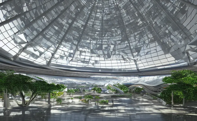 Image similar to futuristic architectural masterpiece dome interior airport with artificial waterfall and trees by frank Lloyd wright and Zaha hadid, detailed, octane render, photo realism, 3D, ray tracing, photo realism, dlsr, 24mm