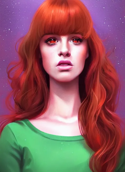 Image similar to full body portrait of teenage cheryl blossom, bangs, green eyes, sultry expression, red hair, sultry smirk, bangs and wavy hair, pink skirt, bangs, intricate, elegant, glowing lights, highly detailed, digital painting, artstation, concept art, smooth, sharp focus, illustration, art by wlop, mars ravelo and greg rutkowski