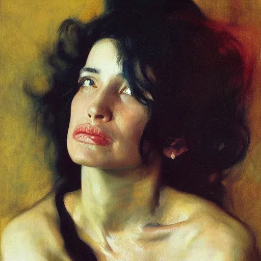 Image similar to a stunning masterful portrait of a confident colombian woman with messy hair by andrew wyeth, john singer sargent, and norman rockwell, natural light, oil painting, ethereal, wong kar wai, strong brushwork