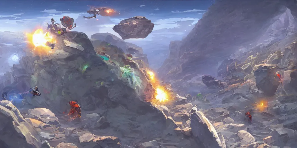 Image similar to marketing game illustration, a space craft run into the rocks canyon very fast in the style of Blizzard