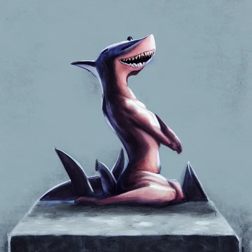 Image similar to female anthropomorphic shark fursona, athletic, sitting on concrete stairs, wearing a tank top and cargo pants, looking forward, realistic painting, furry art, trending on art station, pointing forward