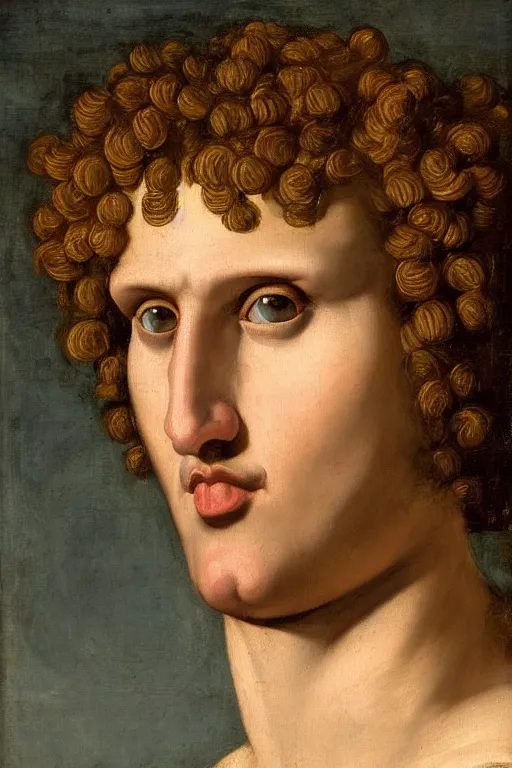 Image similar to renaissance painting of man, short curly hair, evil face, emotions closeup, dressed in roman armour, the beautiful garden with leaves, ultra detailed, art by Guido Reni style, Vincenzo Catena style