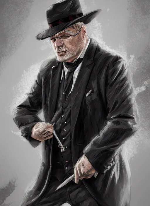 Image similar to a highly detailed illustration of 6 7 year - old clean - shaven chubby white man wearing black detective coat with necktie, heroic pose, strings background, intricate, elegant, highly detailed, centered, digital painting, artstation, concept art, smooth, sharp focus, league of legends concept art, wlop.