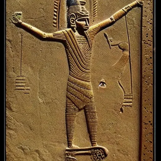 Prompt: an annunaki god on a skateboard, ancient mesopotamian artwork, very intricate, very detailed,