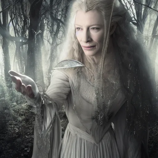 Prompt: portrait of ((mischievous)), baleful Cate Blanchett as Galadriel as a queen of fairies, dressed in a beautiful silver dress. The background is a dark, creepy eastern europen forrest. night, horroristic shadows, high contrasts, lumnious, photorealistic, (mist filters), theatrical, character concept art by ruan jia, thomas kinkade, and J.Dickenson, trending on Artstation