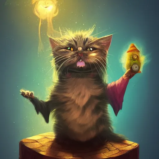 Image similar to wizard is laughing as a small cat, dynamic pose, chromatic aberration , medium level shot, comedy, fantasy, illustration, concept art,