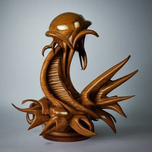 Prompt: wooden sculpture of cthulhu attacking a spaceship, polished maple, thoughtful, elegant, real