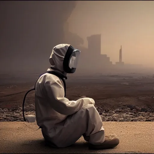 Image similar to a beautiful award-winning photo of the last man on Earth wearing a hazmat suit, sitting and depressed, serene post-nuclear background, a huge nuclear cloud, a mirage of a skyline of a destroyed city, numerous fires, volumetric lighting, haze, very high quality, extremely detailed, subtle visual noise, 8K