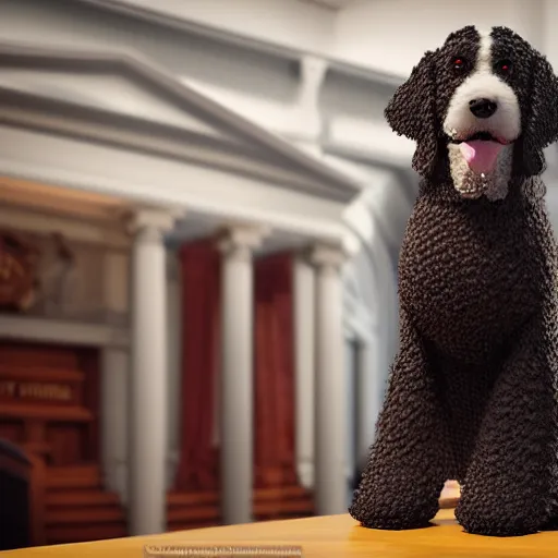 Image similar to a closeup photorealistic photograph of a cute smiling knitted bernedoodle judge dog dressed in a black gown, presiding over the courthouse. indoor image, professional capture, well lit shot. this 4 k hd image is trending on artstation, featured on behance, well - rendered, extra crisp, features intricate detail, epic composition and the style of unreal engine.