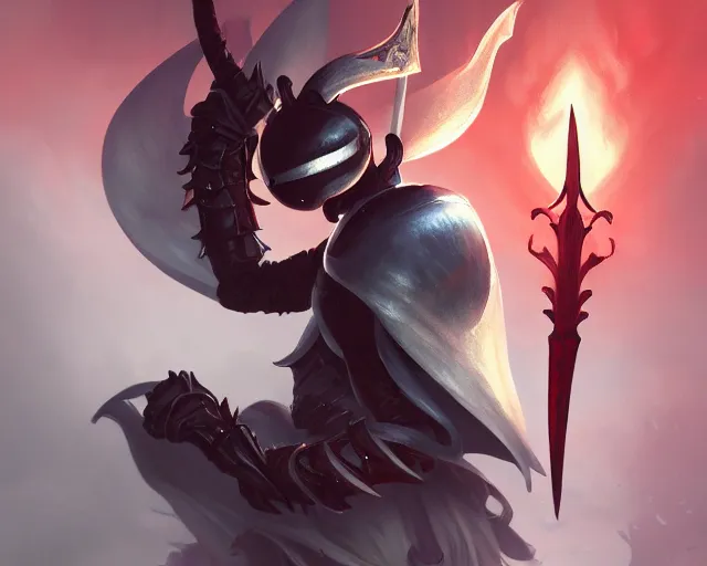 Image similar to photography of hollow knight, red bloody sword, deep focus, d & d, fantasy, intricate, elegant, highly detailed, digital painting, artstation, concept art, matte, sharp focus, illustration, hearthstone, art by artgerm and greg rutkowski and alphonse mucha