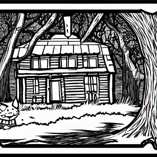 Image similar to a illustration of a Eerie cabin in the middle of the woods in the style of a Garfield comic