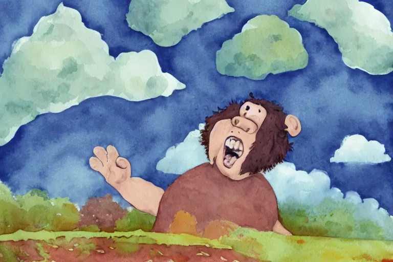 Prompt: giant ogre eating clouds, watercolor kid book illustration