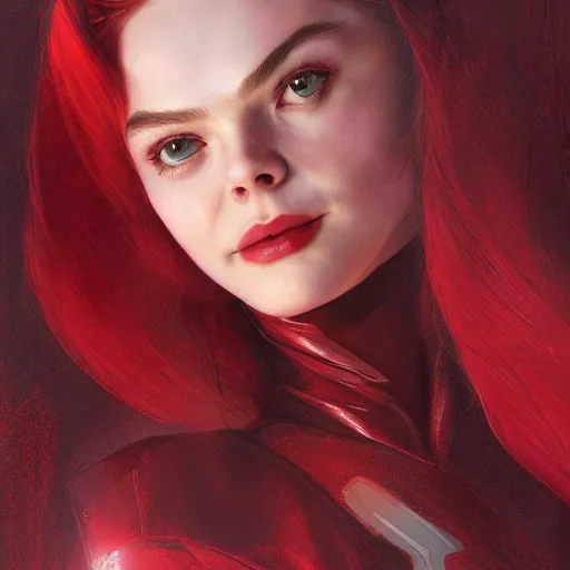 Image similar to portrait of modern darna, elle fanning as scarlett witch in prey, intricate, elegant, dark vibes, highly detailed, digital painting, artstation, glamor pose, concept art, smooth, sharp focus, illustration, art by wlop, mars ravelo and greg rutkowski