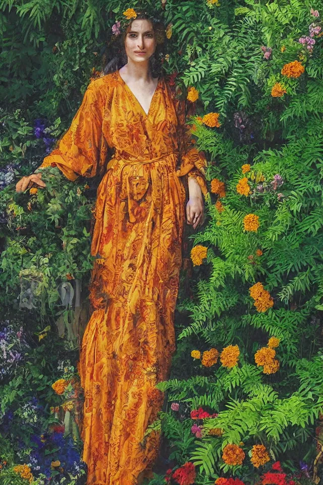 Image similar to a beautiful greek woman in robes, in a garden full of ferns, marigold flowers, dappled light, by bernie fusch