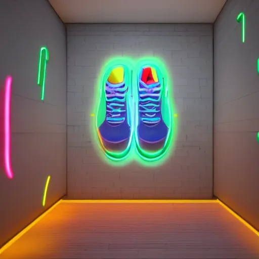 Prompt: 3d render of an elemental sneaker on a room, neon lighted, coherent, symmetrical, cinematic, hyper realism, high detail, octane render, unreal engine, 8k, Vibrant colors, Smooth gradients, High contrast, trending on artstation