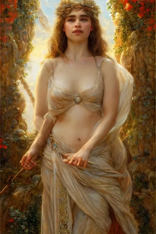 Prompt: emilia clarke as the goddess aphrodite. art by gaston bussiere and tomacz alen kopera.