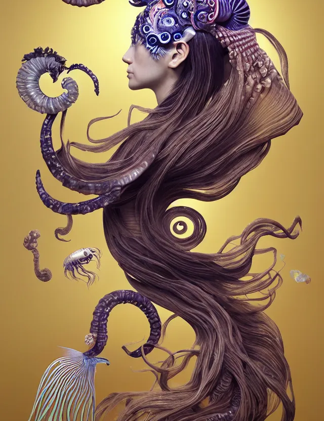 Image similar to 3 d goddess nautilus half - turn portrait with long hair with ram skull. beautiful intricately detailed japanese crow kitsune mask and clasical japanese kimono. betta fish, jellyfish phoenix, bio luminescent, plasma, ice, water, wind, creature, artwork by tooth wu and wlop and beeple and greg rutkowski