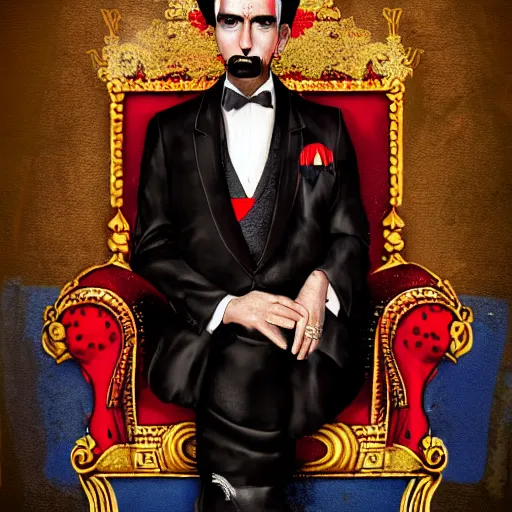 Prompt: the king of india sitting on a throne wearing a black suit and a red fez, detailed face with red lips, blue eyes and large forehead, moody atmosphere, digital art, highly detailed, high contrast, beautiful lighting, award winning, trending on art station, photorealistic, 8 k,