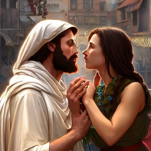 Image similar to jesus kissing a woman in a street, elegant, highly detailed, digital painting, artstation, concept art, matte, sharp focus, highly detailed, 4 k, hdr, smooth, sharp focus, high resolution, award - winning photo, photorealistic, art by artgerm and greg rutkowski and alphonse mucha, large shot