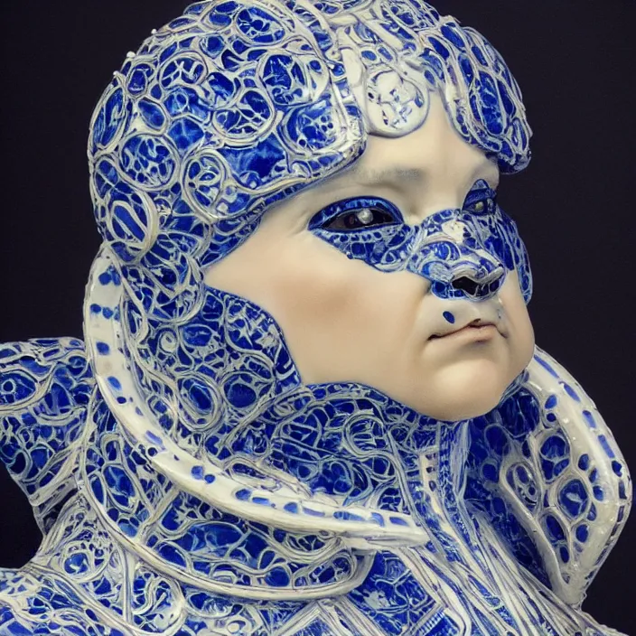 Image similar to a close - up portrait of an ornate blue and white porcelain figure made out of white vitrified translucent ceramic ; china. reflective detailed textures. gloomy black background. highly detailed fantasy science fiction painting by moebius, norman rockwell, frank frazetta, and syd mead. rich colors, high contrast. artstation