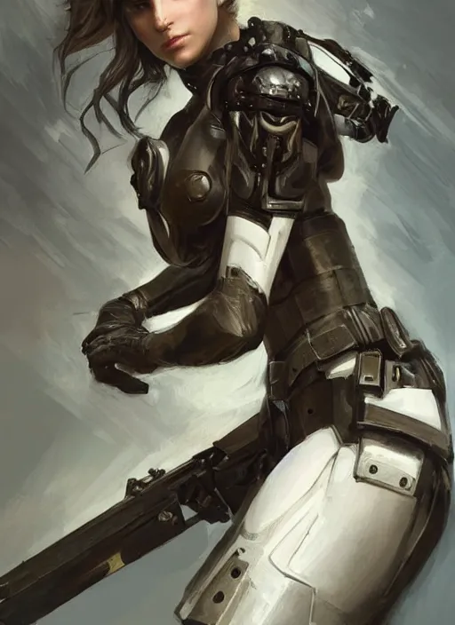 Image similar to a professional painting of a beautiful young female, clothed in military armor, olive skin, long dark hair, beautiful bone structure, symmetrical facial features, intricate, elegant, digital painting, concept art, smooth, sharp focus, illustration, from Metal Gear, by Ruan Jia and Mandy Jurgens and Artgerm and William-Adolphe Bouguerea